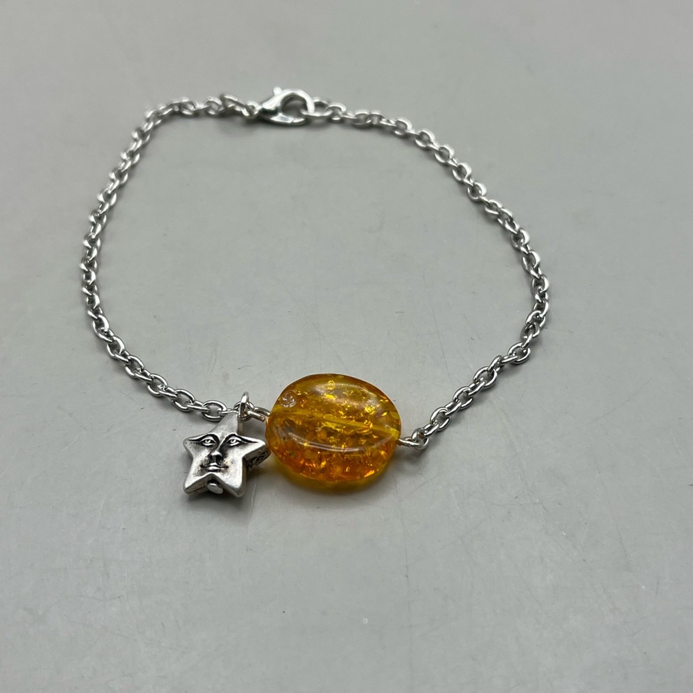 Sterling Silver Star Amber Bead Chain Bracelet | Dainty Charm Boho Jewelry